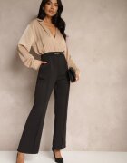 rosa Salopetă Negru-Bej petrecută cu bluză elegantă tip cămașă și pantaloni largi Vareti