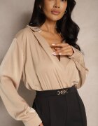 rosa Salopetă Negru-Bej petrecută cu bluză elegantă tip cămașă și pantaloni largi Vareti