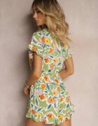 rosa Salopetă Scurtă Verde din Viscoză cu Volane Decorative stil Boho Tatella