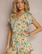 rosa Salopetă Scurtă Verde din Viscoză cu Volane Decorative stil Boho Tatella