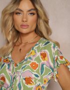 rosa Salopetă Scurtă Verde din Viscoză cu Volane Decorative stil Boho Tatella