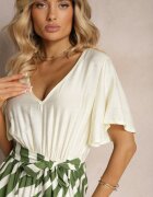rosa Salopetă Verde-Albă cu curea din material și mâneci largi Nellda
