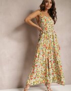 rosa Salopetă Verde-Bej cu Picioare Largi cu Imprimeu Floral Legată cu un Șnur Decorativ Leliavia