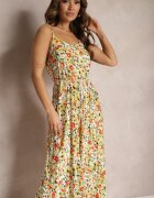 rosa Salopetă Verde-Bej cu Picioare Largi cu Imprimeu Floral Legată cu un Șnur Decorativ Leliavia