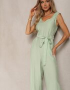 rosa Salopetă Verde deschis din Viscoză cu Picioare Lărgi cu Elastic în Talie și Centură din Material Acladia