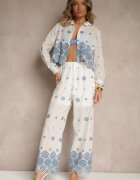 rosa Set Alb din Bumbac Brodat Cămașă și Pantaloni Savirice