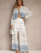 rosa Set Alb din Bumbac Brodat Cămașă și Pantaloni Savirice