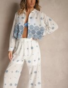 rosa Set Alb din Bumbac Brodat Cămașă și Pantaloni Savirice
