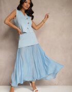 rosa Set Albastru deschis din Viscoză Fustă croi evazat și Vestă decorată cu nasturi Felilya