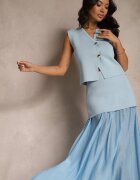 rosa Set Albastru deschis din Viscoză Fustă croi evazat și Vestă decorată cu nasturi Felilya