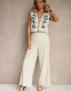 rosa Set Bej din Bumbac Pantaloni largi și Vestă brodată Ralissele