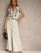 rosa Set Bej din Bumbac Pantaloni largi și Vestă brodată Ralissele