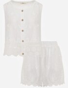 rosa Set din bumbac cu pantaloni scurți largi și bluză fără mâneci cu broderie Calie Alb