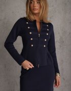rosa Set elegant din tricot cu vâscoză Napoleon Jacket și fustă creion Liomix Bleumarin