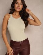 rosa Top Bej din Viscoză din Tricot Reiat Decorat cu Model Geometric Vortizelle