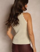 rosa Top Bej din Viscoză din Tricot Reiat Decorat cu Model Geometric Vortizelle