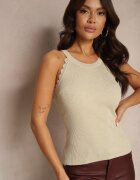 rosa Top Bej din Viscoză din Tricot Reiat Decorat cu Model Geometric Vortizelle