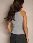 rosa Top Gri din Viscoză din Tricot Striaț Decorat cu Model Geometri Vortizelle