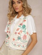 rosa Vestă Brodată Bej din Bumbac cu Flori Claperi