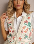 rosa Vestă Brodată Bej din Bumbac cu Flori Claperi