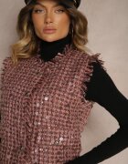 rosa Vestă de costum roz cu lână franjuri și paiete Lesaltia