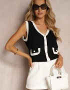 rosa Vestă Negru cu Alb cu adaos de viscoză decorată cu zirconii și perle închisă cu nasturi Ervia