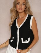 rosa Vestă Negru cu Alb cu adaos de viscoză decorată cu zirconii și perle închisă cu nasturi Ervia
