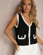 rosa Vestă Negru cu Alb cu adaos de viscoză decorată cu zirconii și perle închisă cu nasturi Ervia