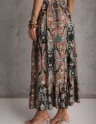 rosita Fustă Bej-Neagră din Vâscoză Decorată cu Motiv Paisley Ellivae