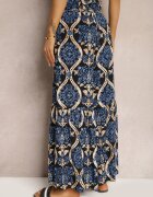 rosita Pantaloni Negru-Bleumarin Largi din Vâscoză cu Model Ornamental High Waist Cramelia