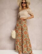 rosita Pantaloni Verde-Portocalii Largi din Viscoză cu Model Ornamental High Waist Cramelia