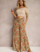 rosita Pantaloni Verde-Portocalii Largi din Viscoză cu Model Ornamental High Waist Cramelia