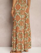 rosita Pantaloni Verde-Portocalii Largi din Viscoză cu Model Ornamental High Waist Cramelia