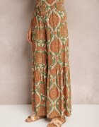 rosita Pantaloni Verde-Portocalii Largi din Viscoză cu Model Ornamental High Waist Cramelia