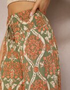 rosita Pantaloni Verde-Portocalii Largi din Viscoză cu Model Ornamental High Waist Cramelia