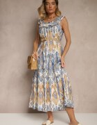 rosita Rochie Albastră Evazată din viscoză Legată la spate cu model boho Turieza
