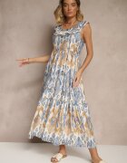 rosita Rochie Albastră Evazată din viscoză Legată la spate cu model boho Turieza