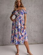 rosita Rochie Albastru-Albă Midi cu mânecă scurtă din viscoză cu flori Emena