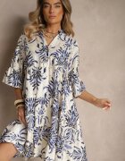 rosita Rochie Albastru-Bej cu In cu Croială Evazată Decorată cu Imprimeu Metalic Filinwena