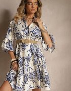 rosita Rochie Albastru-Bej cu In cu Croială Evazată Decorată cu Imprimeu Metalic Filinwena