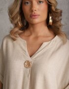 rosita Rochie Bej cu croială tip cutie din in și viscoză decorată cu nasture Mezynore