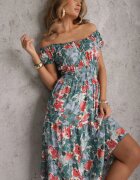 rosita Rochie Midi Verde-Albastru cu Mânecă Scurtă din Viscoză cu flori Emena
