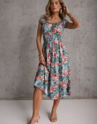 rosita Rochie Midi Verde-Albastru cu Mânecă Scurtă din Viscoză cu flori Emena
