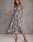 rosita Rochie Midi Verde-Albastru cu Mânecă Scurtă din Viscoză cu flori Emena