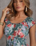 rosita Rochie Midi Verde-Albastru cu Mânecă Scurtă din Viscoză cu flori Emena