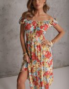 rosita Rochie Roz-bej Midi cu Mânecă Scurtă din Viscoză cu Imprimeu Floral Emena