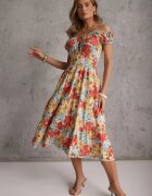 rosita Rochie Roz-bej Midi cu Mânecă Scurtă din Viscoză cu Imprimeu Floral Emena