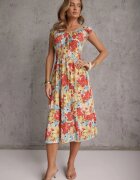 rosita Rochie Roz-bej Midi cu Mânecă Scurtă din Viscoză cu Imprimeu Floral Emena