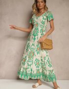 rosita Rochie Verde din Vâscoză Decorată cu Motiv Geometric Clevessa