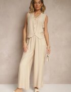 rosita Set Bej cu croială de costum cu in Vestă și Pantaloni cu Zirconii Redavale